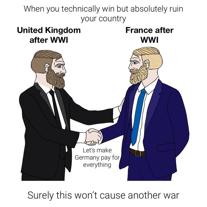 When you technically win but absolutely ruin. your country United Kingdom after WWI Let's make Germany pay for everything France after WWI Surely this won't cause another war
