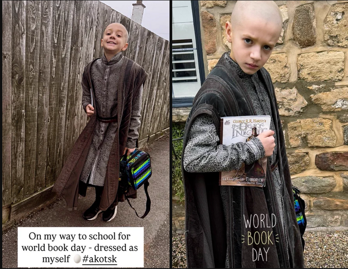 GEORGE RR Martin's A GAME OF THRONES shua Gynic bova On my way to school for world book day - dressed as myself #akotsk WORLD BOOK DAY
