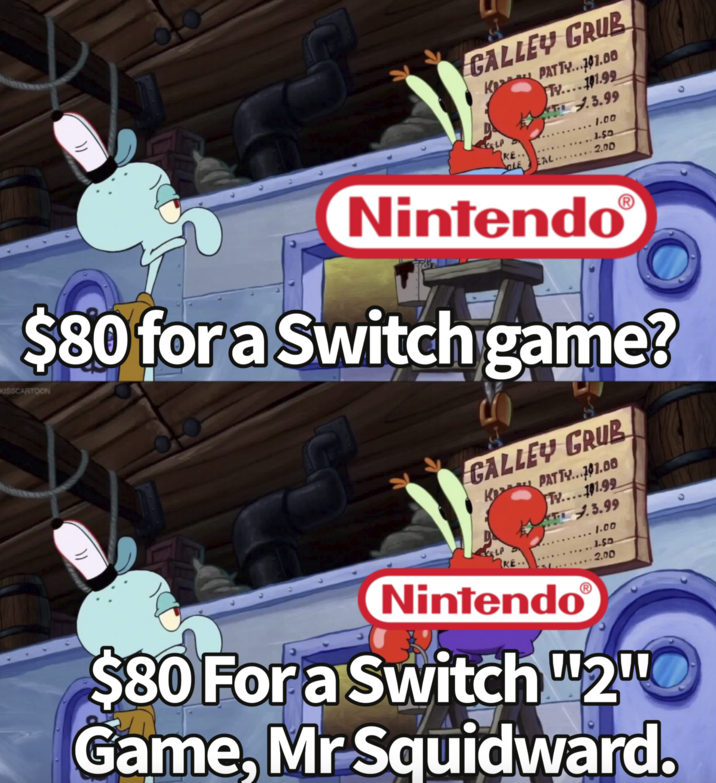 " GALLEY GRUB K PATTY...01.00 Tv....101.99 3.99 1.00 KE.. OLE 1.50 EAL. 2.00 NintendoⓇ $80 for a Switch game? KISSCARTOON " GALLEY GRUB K PATTY...01.00 T....101.99 Nintendo 3.99 1.00 1.50 2.00 $80 For a Switch "2" Game, Mr Squidward.