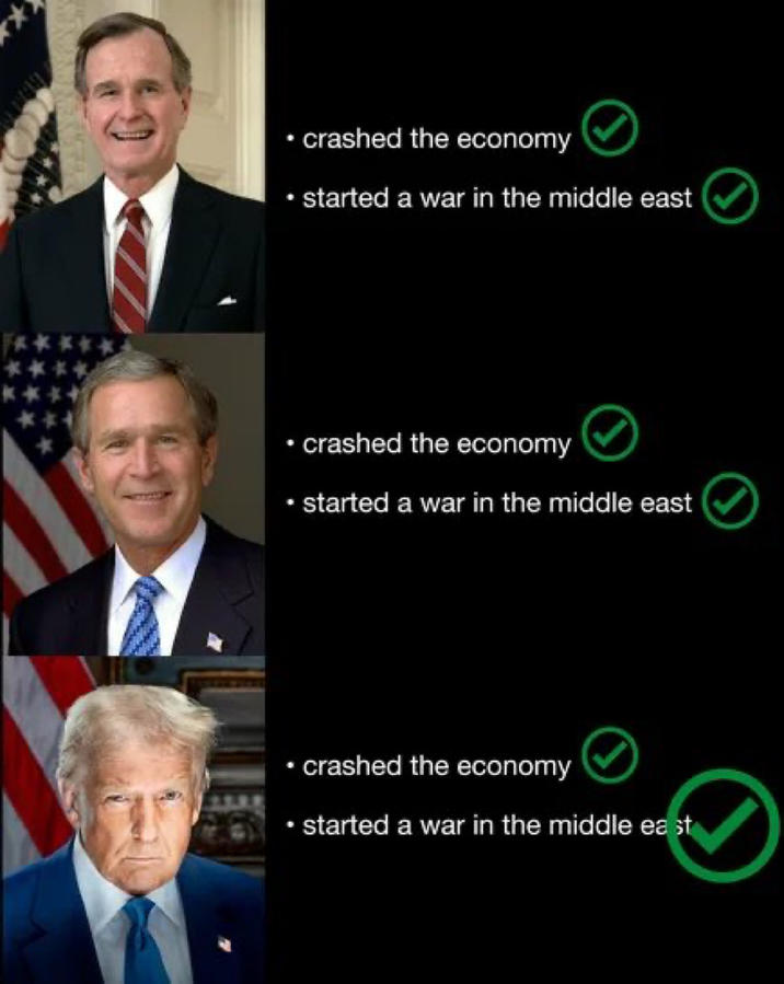 * ⚫crashed the economy started a war in the middle east ⚫ crashed the economy • started a war in the middle east ⚫crashed the economy ⚫ started a war in the middle east