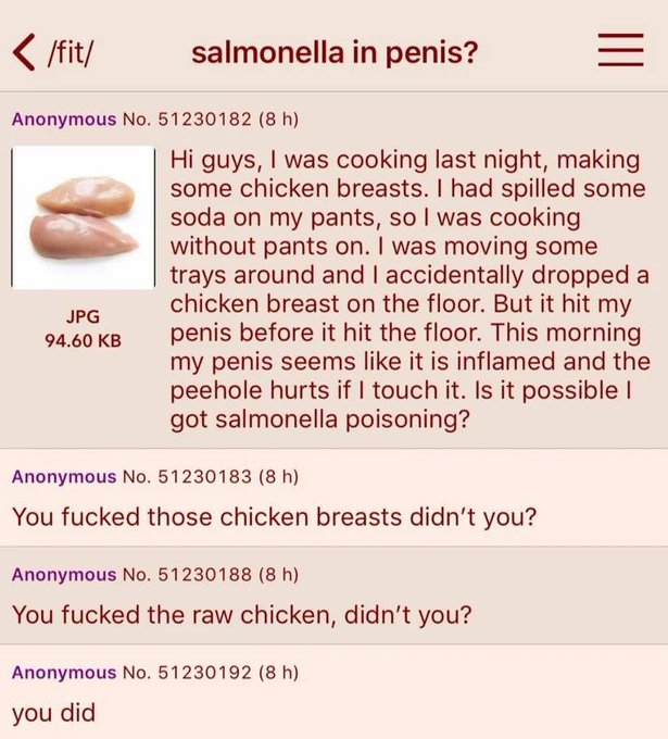 /fit/ salmonella in penis? Anonymous No. 51230182 (8 h) JPG 94.60 KB ||| Hi guys, I was cooking last night, making some chicken breasts. I had spilled some soda on my pants, so I was cooking without pants on. I was moving some trays around and I accidentally dropped a chicken breast on the floor. But it hit my penis before it hit the floor. This morning my penis seems like it is inflamed and the peehole hurts if I touch it. Is it possible I got salmonella poisoning? Anonymous No. 51230183 (8 h) You f----- those chicken breasts didn't you? Anonymous No. 51230188 (8 h) You f----- the raw chicken, didn't you? Anonymous No. 51230192 (8 h) you did