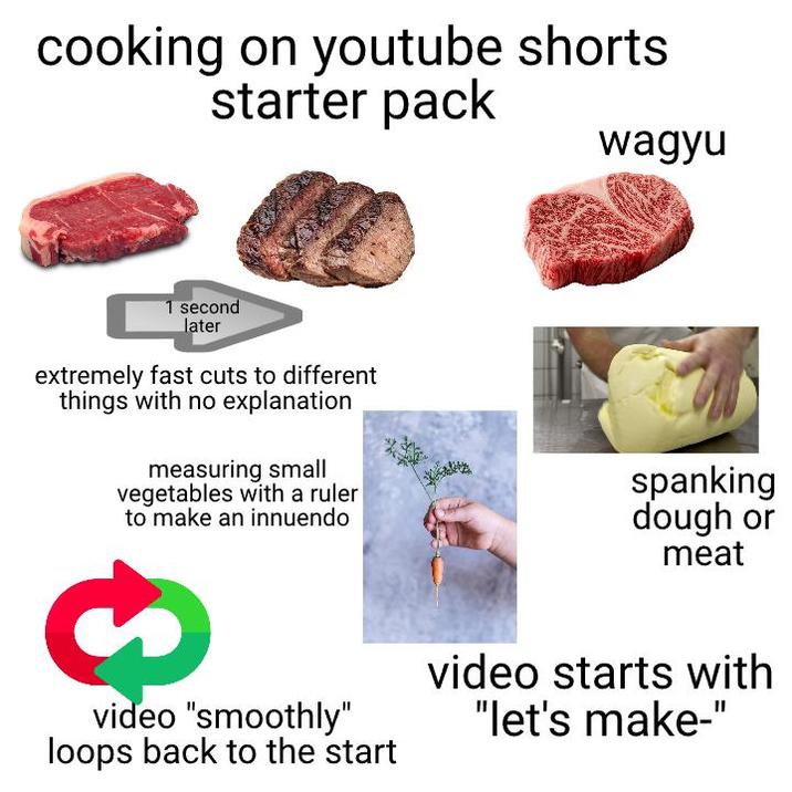 cooking on youtube shorts. starter pack 1 second later extremely fast cuts to different things with no explanation measuring small vegetables with a ruler to make an innuendo wagyu spanking dough or meat video "smoothly" loops back to the start video starts with "let's make-"
