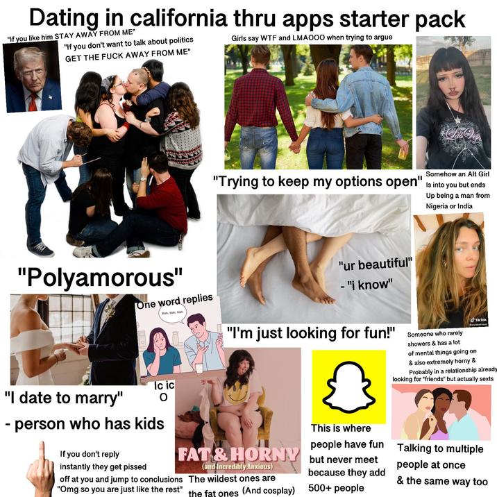 Dating in california thru apps starter pack "If you like him STAY AWAY FROM ME" "If you don't want to talk about politics GET THE F--- AWAY FROM ME" Girls say W-- and LMAOOO when trying to argue Somehow an Alt Girl "Trying to keep my options open" Is into you but ends Up being a man from Nigeria or India "Polyamorous" One word replies Blah, blah, blah. "ur beautiful" -"i know" "I'm just looking for fun!" Someone who rarely showers & has a lot Tik Tok @annabelmaud of mental things going on & also extremely horny & Probably in a relationship already looking for "friends" but actually sexts "I date to marry" - Ic ic person who has kids If you don't reply instantly they get p----- FAT & HORNY off at you and jump to conclusions "Omg so you are just like the rest" (and Incredibly Anxious) The wildest ones are the fat ones (And cosplay) This is where people have fun but never meet because they add 500+ people Talking to multiple people at once & the same way too