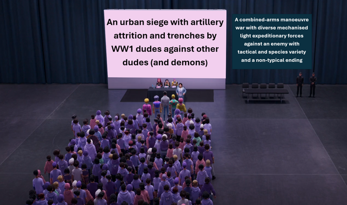 An urban siege with artillery attrition and trenches by WW1 dudes against other dudes (and demons) 4230 A combined-arms manoeuvre war with diverse mechanised light expeditionary forces against an enemy with tactical and species variety and a non-typical ending