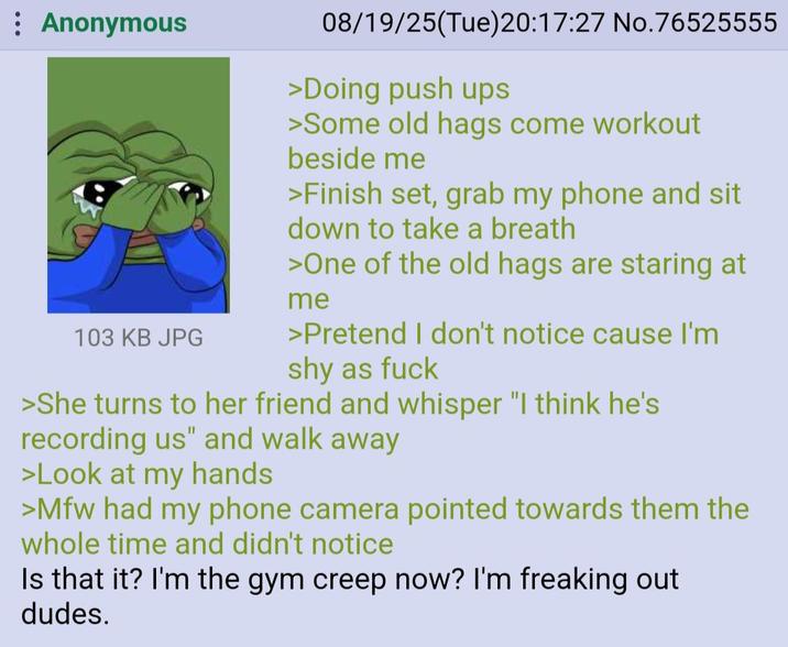 Anonymous 103 KB JPG 08/19/25(Tue)20:17:27 No.76525555 >Doing push ups >Some old hags come workout beside me >Finish set, grab my phone and sit down to take a breath >One of the old hags are staring at me >Pretend I don't notice cause I'm shy as f--- >She turns to her friend and whisper "I think he's recording us" and walk away >Look at my hands >Mfw had my phone camera pointed towards them the whole time and didn't notice Is that it? I'm the gym creep now? I'm freaking out dudes.