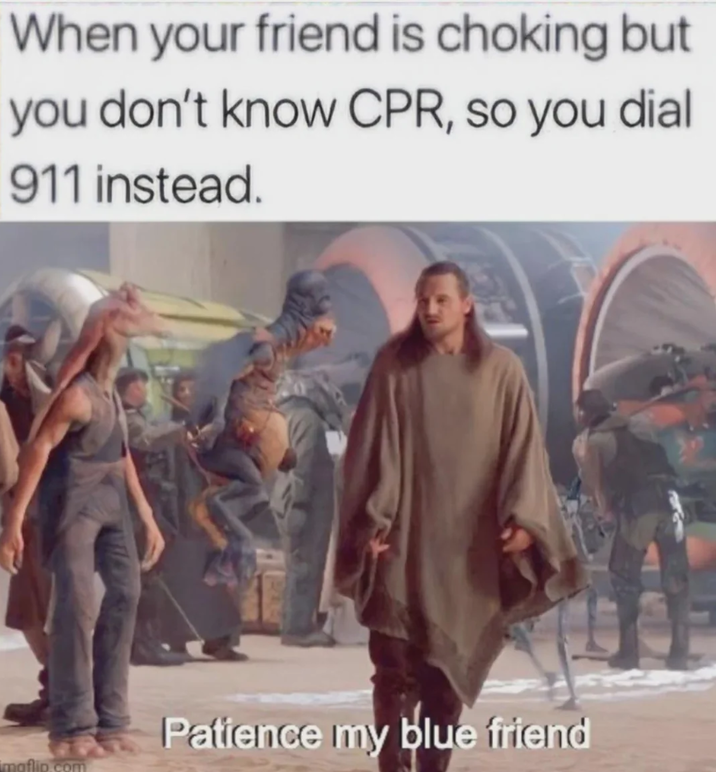 When your friend is choking but you don't know CPR, so you dial 911 instead. maflip.com Patience my blue friend