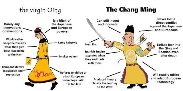 the virgin Qing Is a bitch of the Japanese and European powers The Chang Ming Can still invent and innovate Never lost a direct conflict against the Japanese and Europeans Barely any innovations or inventions Would rather keep the Dynasty weak than give back leadership to the Han Rampant literary inquisition and supression Lame hairstyle - Smokes opium Neat Dao Spanish Empire stagnates when they end trade with them Strikes fear into the Qing and Spanish even after death *Refuses to ultilize or adapt European technology until it is too late Produced literary classics like Journey to the West Will readily utilize and adapt European technology