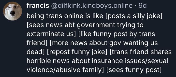 francis @dilfkink.kindboys.online . 9d being trans online is like [posts a silly joke] [sees news abt government trying to exterminate us] [like funny post by trans friend] [more news about gov wanting us dead] [repost funny joke] [trans friend shares horrible news about insurance issues/sexual violence/abusive family] [sees funny post]