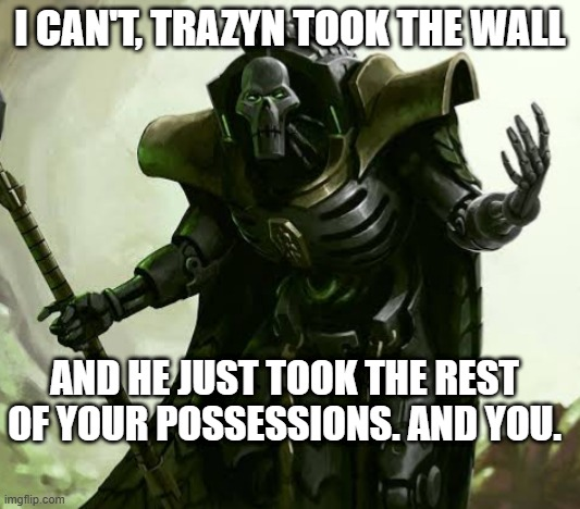 I CAN'T, TRAZYN TOOK THE WALL AND HE JUST TOOK THE REST OF YOUR POSSESSIONS. AND YOU. imgflip.com