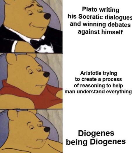 6) Plato writing his Socratic dialogues and winning debates against himself Aristotle trying to create a process of reasoning to help man understand everything Diogenes being Diogenes