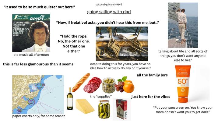 "It used to be so much quieter out here." heure avec.. JOE hour with... DASSIN vol.2 LES CHAMPS-ÉLYSÉES SIFFLER SUR LA COLLINE LE CHEMIN DE PAPA SI TU T'APPELLES MELANCOLIE BIP-BIP... u/LoveEquivalent9146 going sailing with dad "Now, if [relative] asks, you didn't hear this from me, but.." "Hold the rope. No, the other one. Not that one either." old music all afternoon this is far less glamourous than it seems Port HercuNRE despite doing this for years, you have no idea how to actually do any of it yourself talking about life and all sorts of things you don't want anyone else to hear all the family lore Prevense SUNSCREEN ULTRA LIGHT LOTION 50% UVALVE 90mts the "supplies" just here for the vibes Monaco Vil 2723 paper charts only, for some reason "Put your sunscreen on. You know your mom doesn't want you to get dark."