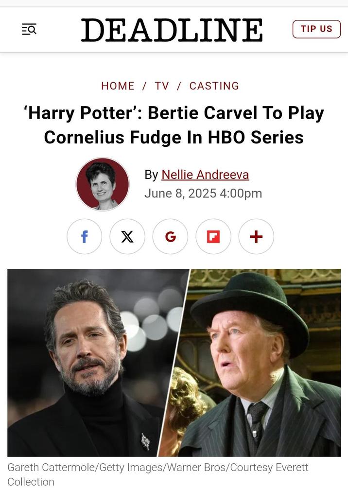 EQ S DEADLINE TIP US HOME / TV / CASTING 'Harry Potter': Bertie Carvel To Play Cornelius Fudge In HBO Series By Nellie Andreeva June 8, 2025 4:00pm f ☑ G + Gareth Cattermole/Getty Images/Warner Bros/Courtesy Everett Collection