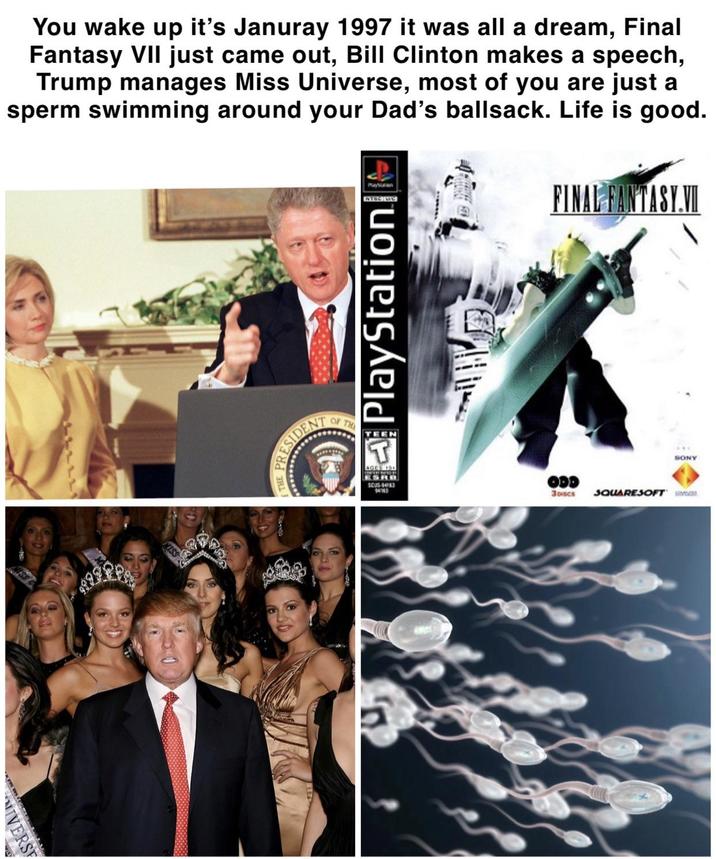 You wake up it's Januray 1997 it was all a dream, Final Fantasy VII just came out, Bill Clinton makes a speech, Trump manages Miss Universe, most of you are just a sperm swimming around your Dad's b-------. Life is good. FINAL FANTASY.VI VERSE P MISS RESIDENT OF THE PlayStation AGES 15 ESRD SOUS-94163 94163 ODD 30scs SQUARESOFT SONY