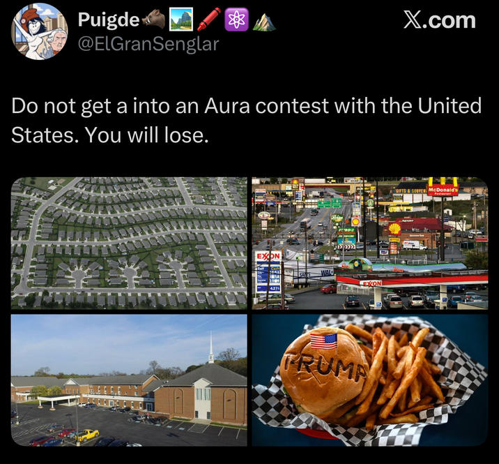 Puigde @ElGranSenglar X.com Do not get a into an Aura contest with the United States. You will lose. EXON SARA 35 4274 Rekis TRO:2 WAL EXON TRUMP GIFTS & SOUVEN McDonald's