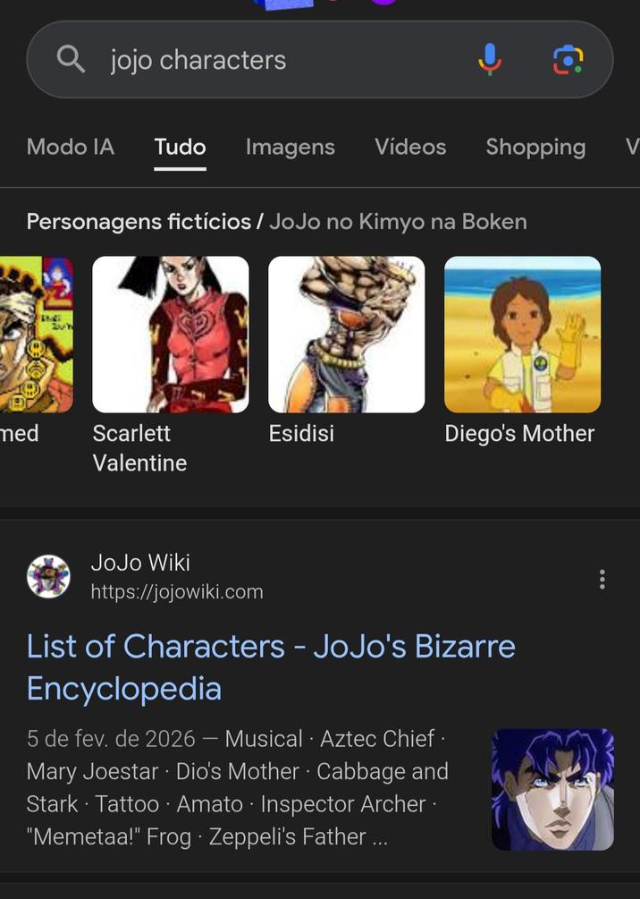 jojo characters Modo IA Tudo Imagens Vídeos Shopping V Personagens fictícios / JoJo no Kimyo na Boken 2uh med Scarlett Esidisi Diego's Mother Valentine JoJo Wiki https://jojowiki.com List of Characters - JoJo's Bizarre Encyclopedia 5 de fev. de 2026 - Musical Aztec Chief ⚫ Mary Joestar Dio's Mother Cabbage and . Stark Tattoo Amato Inspector Archer · "Memetaa!" Frog Zeppeli's Father ...
