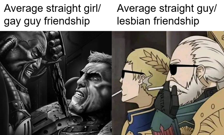 Average straight girl/ gay guy friendship Average straight guy/ lesbian friendship VERITAS 0