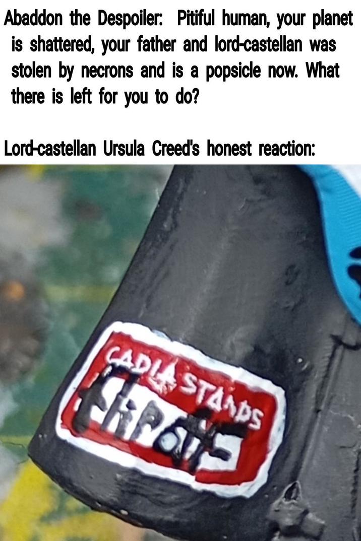 Abaddon the Despoiler: Pitiful human, your planet is shattered, your father and lord-castellan was stolen by necrons and is a popsicle now. What there is left for you to do? Lord-castellan Ursula Creed's honest reaction: CADIA STANDS SAPOI