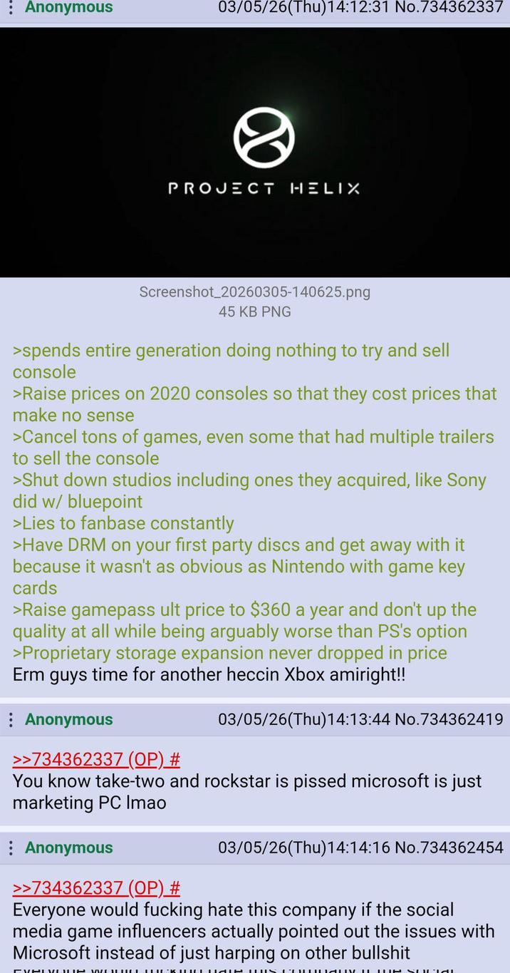 : Anonymous 03/05/26(Thu)14:12:31 No.734362337 PROJECT HELIX Screenshot_20260305-140625.png 45 KB PNG >spends entire generation doing nothing to try and sell console >Raise prices on 2020 consoles so that they cost prices that make no sense >Cancel tons of games, even some that had multiple trailers to sell the console >Shut down studios including ones they acquired, like Sony did w/ bluepoint >Lies to fanbase constantly >Have DRM on your first party discs and get away with it because it wasn't as obvious as Nintendo with game key cards >Raise gamepass ult price to $360 a year and don't up the quality at all while being arguably worse than PS's option >Proprietary storage expansion never dropped in price Erm guys time for another heccin Xbox amiright!! : Anonymous >>734362337 (OP) # 03/05/26(Thu)14:13:44 No.734362419 You know take-two and rockstar is p----- microsoft is just marketing PC Imao Anonymous >>734362337 (OP) # 03/05/26(Thu)14:14:16 No.734362454 Everyone would f------ hate this company if the social media game influencers actually pointed out the issues with Microsoft instead of just harping on other b-------