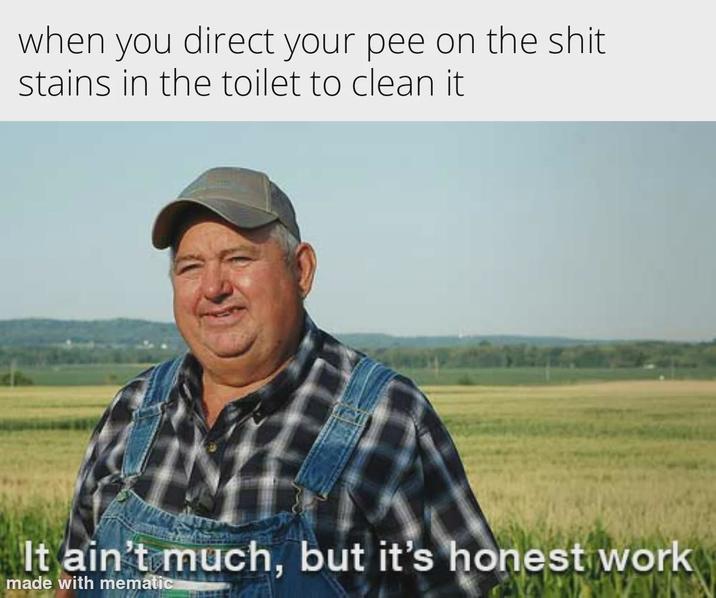 when you direct your pee on the s--- stains in the toilet to clean it It ain't much, but it's honest work made with mematic