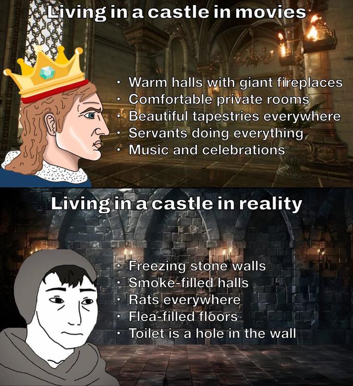 Living in a castle in movies Warm halls with giant fireplaces • Comfortable private rooms Beautiful tapestries everywhere Servants doing everything Music and celebrations Living in a castle in reality O • Freezing stone walls Smoke-filled halls Rats everywhere Flea-filled floors Toilet is a hole in the wall