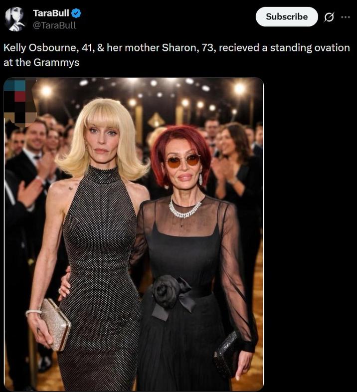 TaraBull @TaraBull Subscribe Ø Kelly Osbourne, 41, & her mother Sharon, 73, recieved a standing ovation at the Grammys