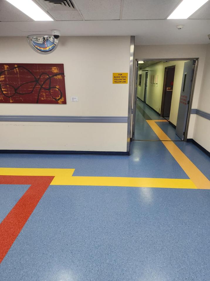 A FOR BLOOD TESTS FOLLOW THE YELLOW LINE