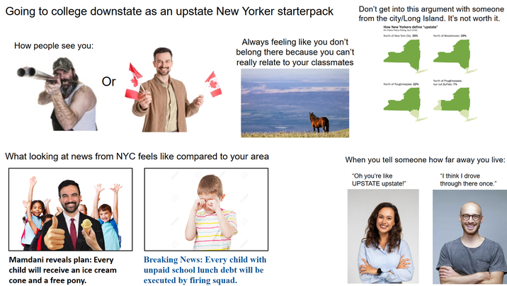 Going to college downstate as an upstate New Yorker starterpack How people see you: Always feeling like you don't belong there because you can't really relate to your classmates Don't get into this argument with someone from the city/Long Island. It's not worth it. How New Yorkers define "upstate" Per Public Policy Polling, April 2016. North of New York City: 25% North of Westchester: 29% Or What looking at news from NYC feels like compared to your area Mamdani reveals plan: Every child will receive an ice cream cone and a free pony. Breaking News: Every child with unpaid school lunch debt will be executed by firing squad. North of Poughkeepsie: 22% North of Poughkeepsie, but not Buffalo: 7% When you tell someone how far away you live: "Oh you're like UPSTATE upstate!" "I think I drove through there once."