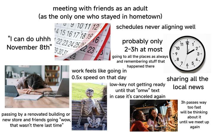 meeting with friends as an adult (as the only one who stayed in hometown) 09 10 11 12 14 15 16 17 18 19 16 "I can do uhhh 22 23 24 252223" November 8th" 2156660291 12 11 schedules never aligning well probably only 2-3h at most going to all the places as always and remembering stuff that happened there 29 30 31 28 work feels like going in 0.5x speed on that day low-key not getting ready until that "omw" text gettyimages Credit: VioletaStoimenova passing by a renovated building or new store and friends going "wow, that wasn't there last time" » 11 1 10 9 8 7 ܗ܂ 6 5 10- 24 3 1. in case it's canceled again sharing all the local news 3h passes way too fast will be thinking about it until we meet up again