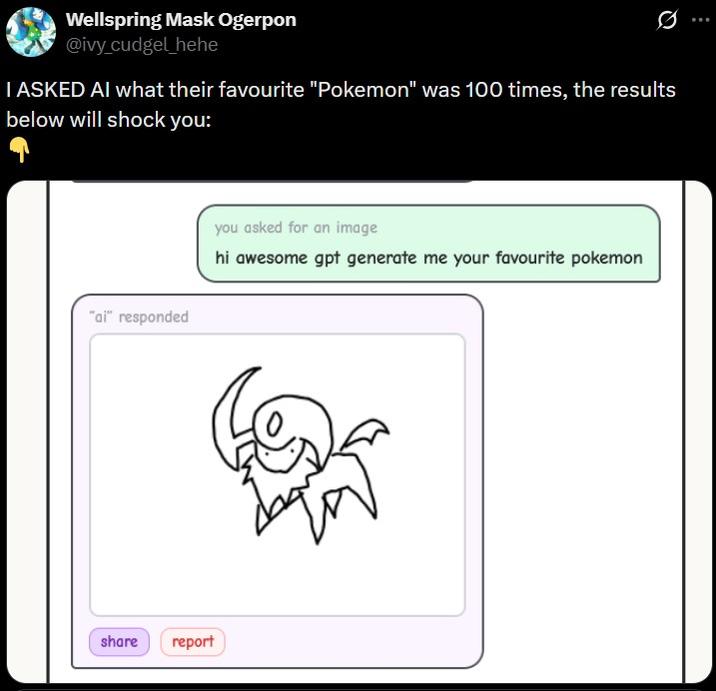 Wellspring Mask Ogerpon @ivy_cudgel_hehe I ASKED AI what their favourite "Pokemon" was 100 times, the results below will shock you: "ai" responded you asked for an image hi awesome gpt generate me your favourite pokemon share report