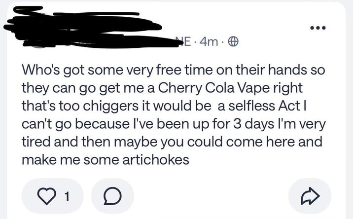 NE 4m Who's got some very free time on their hands so they can go get me a Cherry Cola Vape right that's too chiggers it would be a selfless Act I can't go because I've been up for 3 days I'm very tired and then maybe you could come here and make me some artichokes 1 D