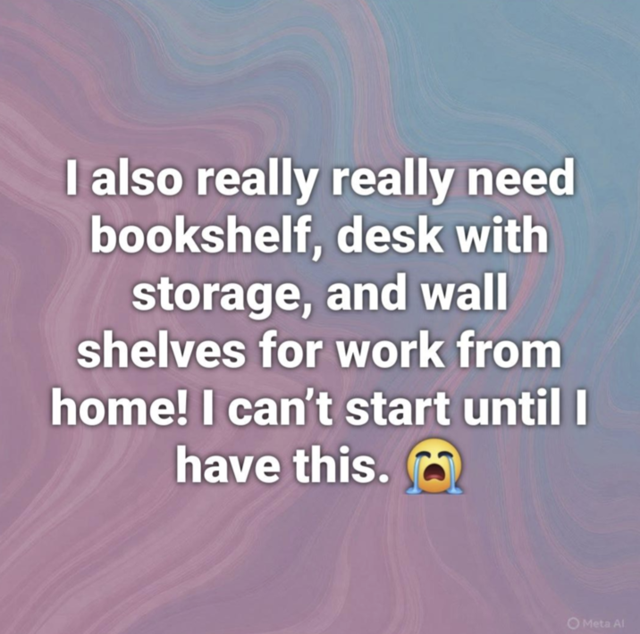 I also really really need bookshelf, desk with storage, and wall shelves for work from home! I can't start until I have this. O Meta Al