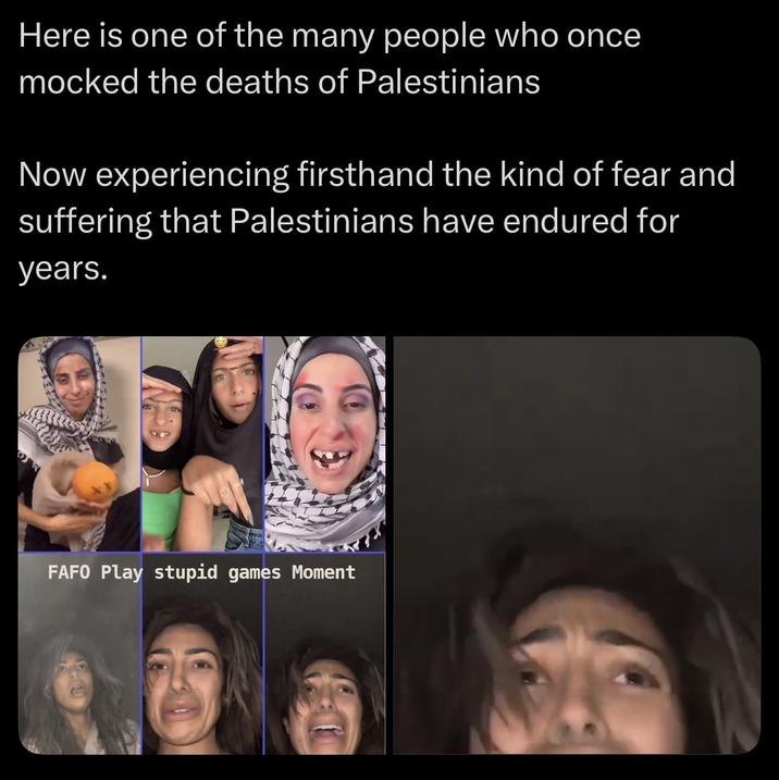 Here is one of the many people who once mocked the deaths of Palestinians Now experiencing firsthand the kind of fear and suffering that Palestinians have endured for years. FAFO Play stupid games Moment