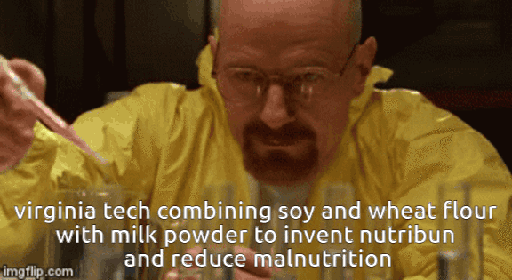 virginia tech combining soy and wheat flour with milk powder to invent nutribun and reduce malnutrition imgflip.com