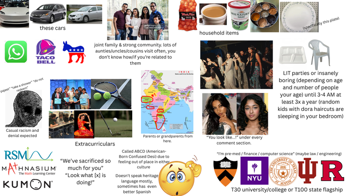 these cars TACO BELL redeem" "pajeet" "take a shower" "do not gettyimages Credit: MoMo Productions Wede Form ONIONS DESI NATURAL DAHI WHOLE MILK YO joint family & strong community. lots of aunties/uncles/cousins visit often, you don't know how/if you're related to them household items INDIA States and Union Territories Casual racism and denial expected RSMIN матн M HNASIUM The Math Learning Center KUMON Extracurriculars "We've sacrificed so much for you" "Look what [x] is doing!" Parents or grandparents from here. Called ABCD (American- Born Confused Desi) due to feeling out of place in either culture Doesn't speak heritage language mostly, sometimes has even better Spanish (specifically this plate) LIT parties or insanely boring (depending on age and number of people your age) until 3-4 AM at least 3x a year (random kids with dora haircuts are sleeping in your bedroom) "You look like...!" under every comment section. "I'm pre-med/finance/computer science" (maybe law / engineering) NYU VERSITY UNIVE PRAESIDIUM TEXAS OUR AT AUSTIN T30 university/college or T100 state flagship