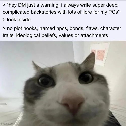 > "hey DM just a warning, i always write super deep, complicated backstories with lots of lore for my PCs❞ > look inside > no plot hooks, named npcs, bonds, flaws, character traits, ideological beliefs, values or attachments imgflip.com