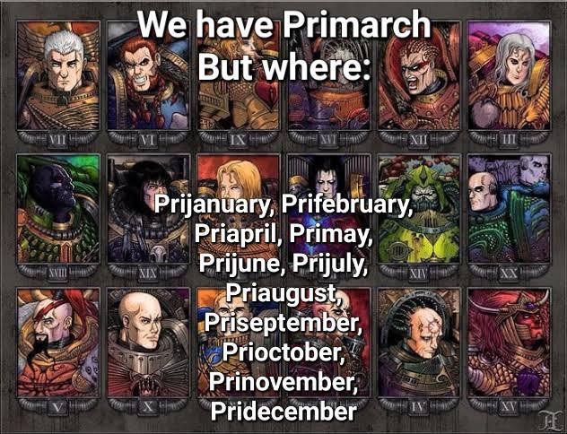 We have Primarch But where: VT IX NEX Prijanuary, Prifebruary, Priapril, Primay, Prijune, Prijuly, Priaugust Priseptember, Prioctober, Prinovember, XII XIV Pridecember XV A