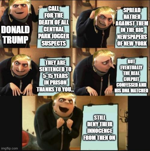 DONALD TRUMP CALL FOR THE DEATH OF ALL CENTRAL PARK JOGGER SUSPECTS SPREAD HATRED AGAINST THEM IN THE BIG NEWSPAPERS OF NEW YORK THEY ARE SENTENCED TO 5-15 YEARS IN PRISON THANKS TO YOU. BUT EVENTUALLY THE REAL CULPRIT CONFESSED AND HIS DNA MATCHED imgflip.com STILL DENY THEIR INNOCENCE FROM THEN ON