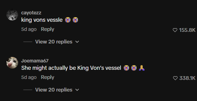 cayotezz king vons vessle 5d ago Reply View 20 replies Joemama67 She might actually be King Von's vessel OA 5d ago Reply View 20 replies ❤ 155.8K 338.1K
