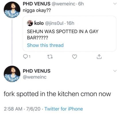The original tweet that started the "Fork Spotted In The Kitchen" or "Fork Found In Kitchen" meme, which was posted as a reply to a tweet about K-pop artist Sehun in July 2020.
