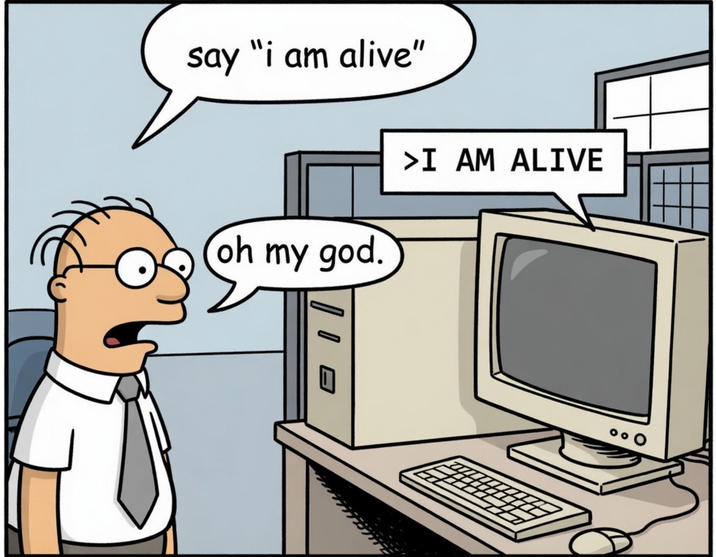 A version of the "I am alive" meme. It recreates the original, likely using AI, in a Dilbert-like style.