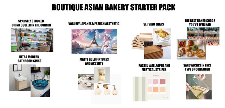SPARSELY STOCKED DRINK COOLER IN THE CORNER ULTRA MODERN BATHROOM SINKS F BOUTIQUE ASIAN BAKERY STARTER PACK VAGUELY JAPANESE/FRENCH AESTHETIC SERVING TRAYS MATTE GOLD FIXTURES AND ACCENTS THE BEST BAKED GOODS YOU'VE EVER HAD PASTEL WALLPAPER AND VERTICAL STRIPES SANDWICHES IN THIS TYPE OF CONTAINER Peach Rose FA #F042 #24
