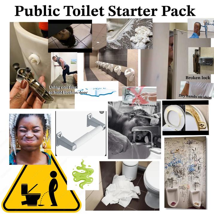 Public Toilet Starter Pack Adobe Sto Adobe Stock AdStock Adobe s Using one foot to hold broken door Adobe Sto Touches d---, doesn't wash F(O)CUSED 197 es Drink Bat SAP or Boy GO INUENE DRAG D aug Broken lock Dry hands on shirt art ca 50