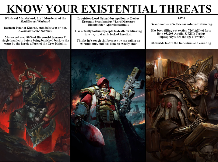 KNOW YOUR EXISTENTIAL THREATS B'ludskul Murderlord, Lord Murderer of the Skullflayers Warband Daemon Price of Khorne, and, believe it or not, Excommunicate Traitoris. Massacred over 80% of Hiveworld Inermus V single-handedly before being banished back to the warp by the heroic efforts of the Grey Knights. Inquisitor-Lord Grimaldus Apollonius Dacius Erasmus Seraphamius "Lord Massacre Bloodblade" Apocalomaximus Has actually tortured people to death for blinking in a way that sorta looked heretical. Thinks he's tough s--- because he can call in an exterminatus, and has done so exactly once. Livia Grandmother of 6, faceless Adminstratum cog. Has been filling out section 726(c)(II) of form Beta-952298-Aquila-Z(XIII)-Tertius improperly since the age of twelve. 86 worlds lost to the Imperium and counting.