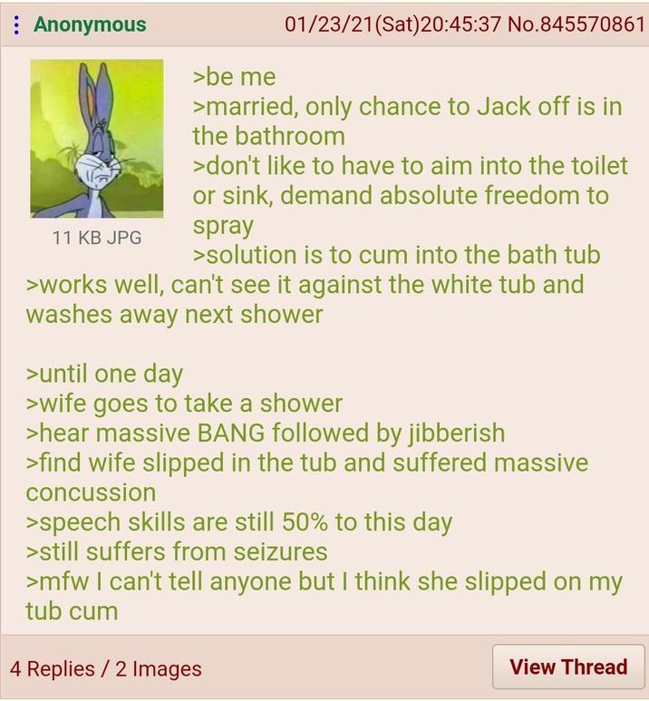 Anonymous 11 KB JPG >be me 01/23/21(Sat)20:45:37 No.845570861 >married, only chance to J------- is in the bathroom >don't like to have to aim into the toilet or sink, demand absolute freedom to spray >solution is to c-- into the bath tub >works well, can't see it against the white tub and washes away next shower >until one day >wife goes to take a shower >hear massive BANG followed by jibberish >find wife slipped in the tub and suffered massive concussion >speech skills are still 50% to this day >still suffers from seizures >mfw I can't tell anyone but I think she slipped on my tub c-- 4 Replies / 2 Images View Thread