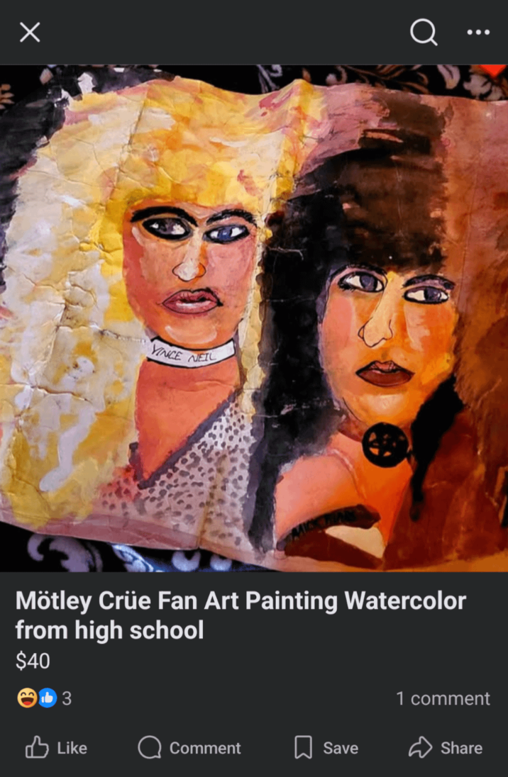 ☑ Q VINCE NEIL Mötley Crüe Fan Art Painting Watercolor from high school $40 b3 Like Comment Save 1 comment Share