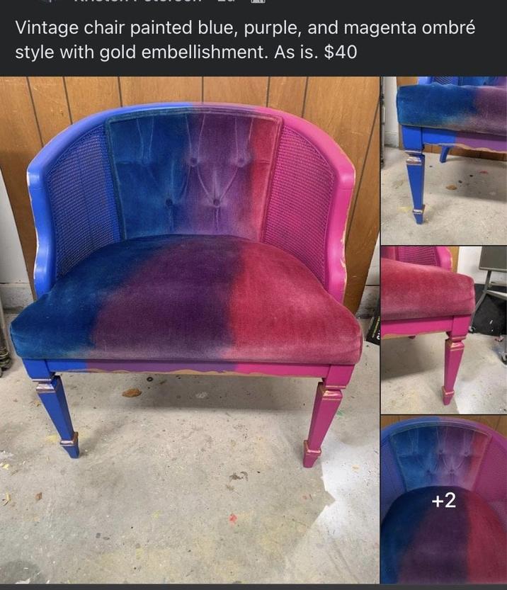 Vintage chair painted blue, purple, and magenta ombré style with gold embellishment. As is. $40 +2