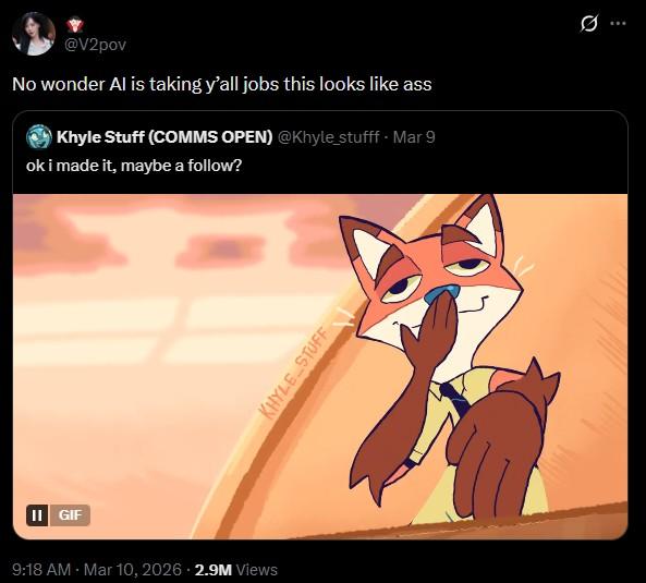 A post by @v2pov reacting to a reanimated Nick Wilde GIF. It reads, "No wonder AI is taking y’all jobs this looks like ass."
