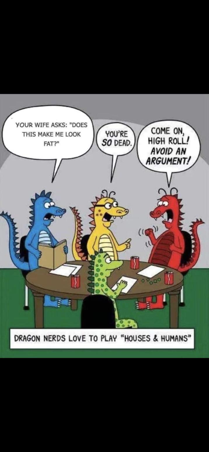 YOUR WIFE ASKS: "DOES THIS MAKE ME LOOK FAT?" YOU'RE SO DEAD. www COME ON HIGH ROLL! AVOID AN ARGUMENT! (" DRAGON NERDS LOVE TO PLAY "HOUSES & HUMANS"