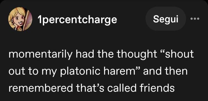 1percentcharge Segui momentarily had the thought "shout out to my platonic harem” and then remembered that's called friends