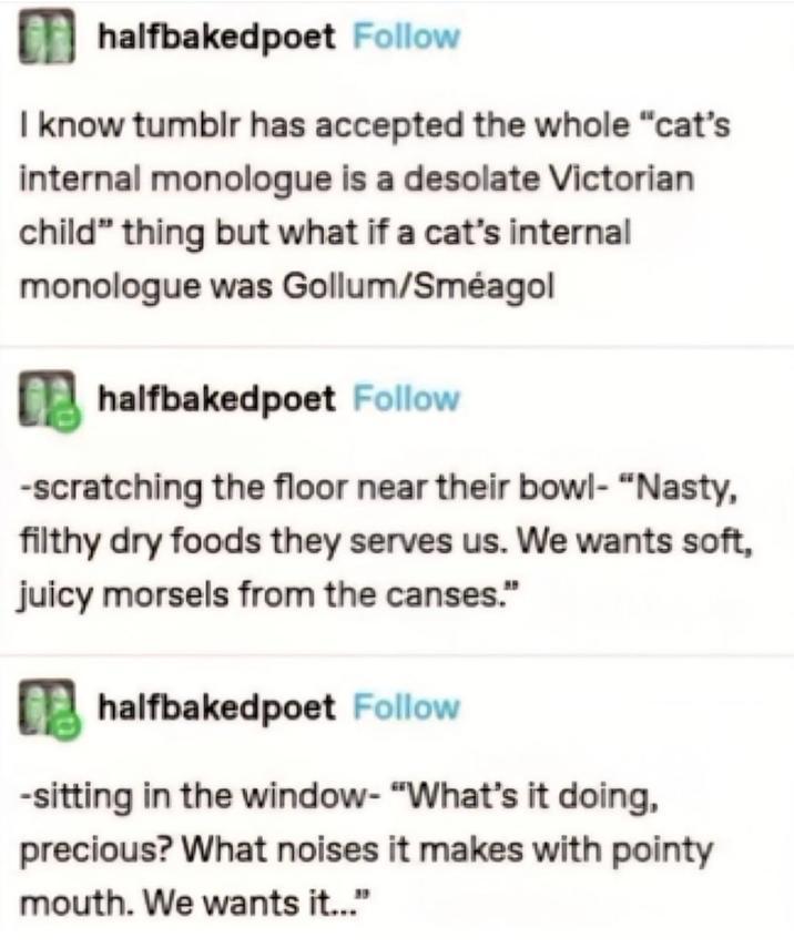 halfbakedpoet Follow I know tumblr has accepted the whole "cat's internal monologue is a desolate Victorian child" thing but what if a cat's internal monologue was Gollum/Smeagol halfbakedpoet Follow -scratching the floor near their bowl- "Nasty, filthy dry foods they serves us. We wants soft, juicy morsels from the canses." halfbakedpoet Follow -sitting in the window- "What's it doing, precious? What noises it makes with pointy mouth. We wants it...""